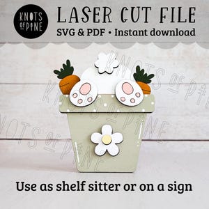 Easter bunny in flower pot laser cut file, funny spring file, carrots, shelf sitter, hanging ornament, basket tag, scroll saw pattern, SVG