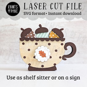 Fall acorn teacup laser file, Autumn tiered tray decor, seasonal shelf sitter, SVG download