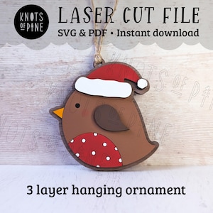 Weihnachten Rotkehlchen mit Weihnachtsmütze Laser Schnittdatei, Hängeornament, Dekupiersäge Muster, digitaler Download SVG, PDF