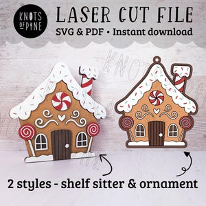 May include: Two styles of gingerbread house laser cut files, one for a shelf sitter and one for an ornament. The files are available in SVG and PDF formats.  The image shows a gingerbread house with red and white candy details.