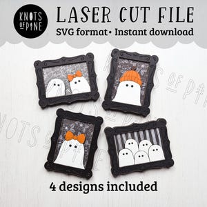 May include: Four black framed laser cut files with ghost designs. The ghosts have orange bows and hats. The text "LASER CUT FILE" and "4 designs included" are visible. The product is an SVG format for instant download.