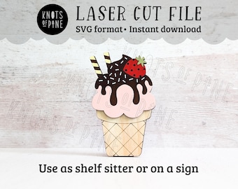 Strawberry ice cream laser file, summer tiered tray decor, fruit, dessert, seasonal shelf sitter, SVG download