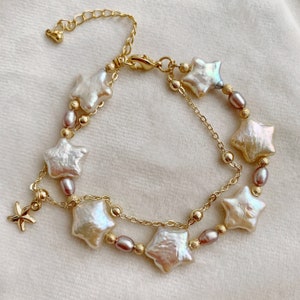 All Star Pearl Bracelet, Handcrafted Sweet Princess Bracelet, Pink Star Shaped Fresh Water Pearl, Gold- Pennyco Jewelry Design