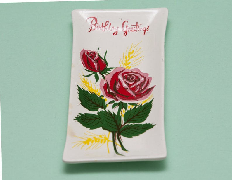 1950s Vintage Script Vintage Birthday Greetings Trinket Dish Roses Ring Dish Pin Dish