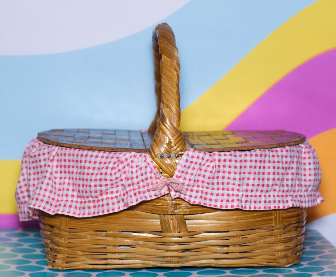 Vintage 1950s Picnic Basket With Gingham Lining Etsy