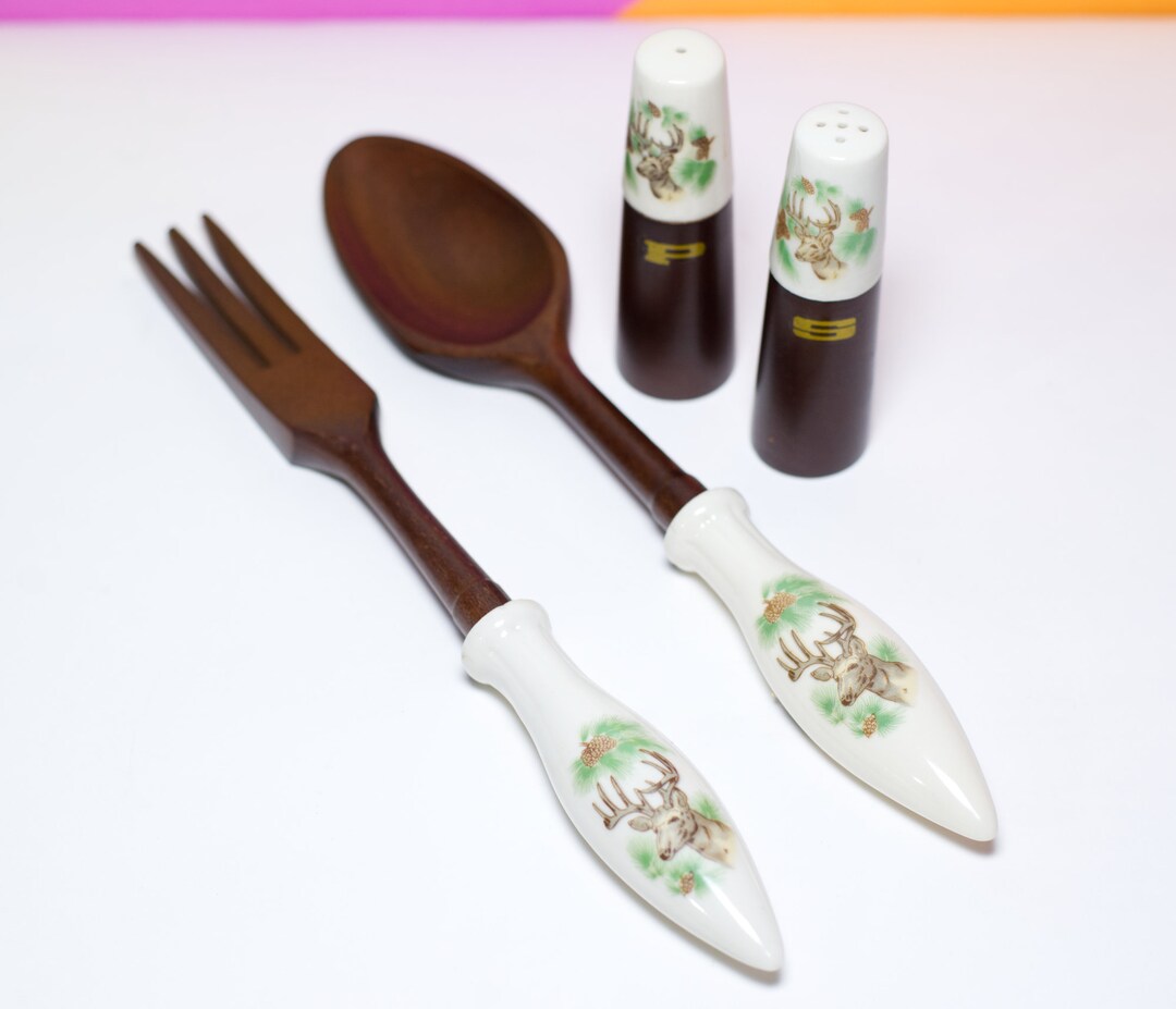 Vintage 1960s Wood & Ceramic Serving Set Salad Fork Spoon Salt Pepper