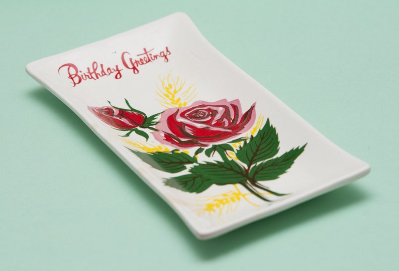 1950s Vintage Script Vintage Birthday Greetings Trinket Dish Roses Ring Dish Pin Dish