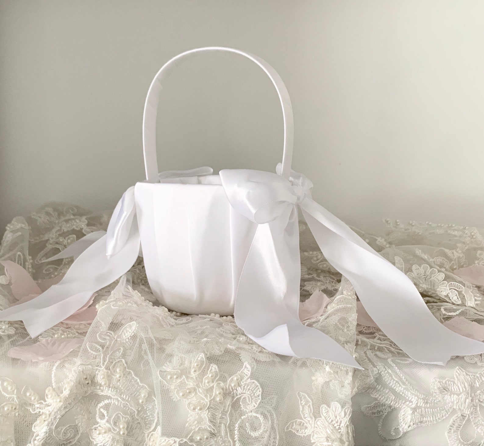 White Flower Girl Basket Ivory Satin Flower Girl Basket Etsy