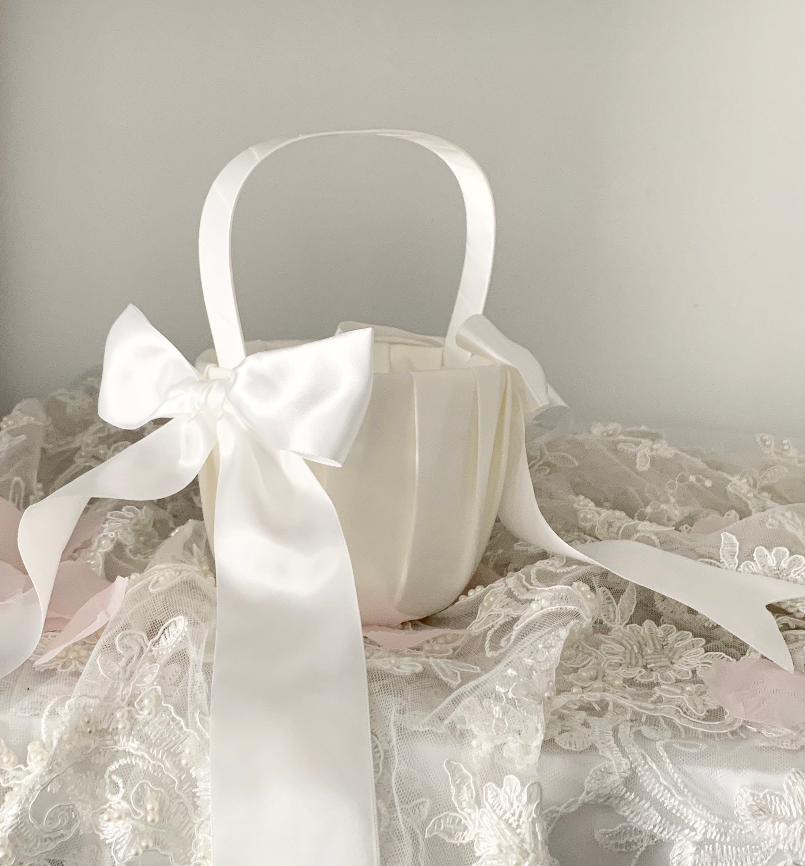 White Flower Girl Basket Ivory Satin Flower Girl Basket Etsy