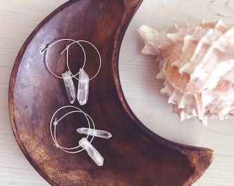 Boho raw quartz crystal points hoop earrings silver, nickel free, April birthstone