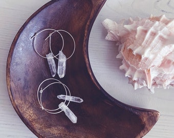 Boho raw quartz crystal points hoop earrings silver, nickel free, April birthstone