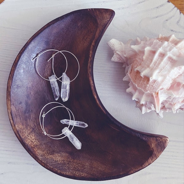 Boho raw quartz crystal points hoop earrings silver, nickel free, April birthstone