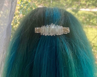 Handmade clear quartz princess crystal hair clips with rainbow tourmaline and pyrite, boho bride hair jewelry