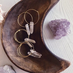 Clear quartz crystal raw point gold hoop earrings , nickel free