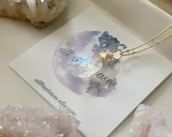 Handmade hand hammered Angel Aura Quartz pendant necklace with satellite chain