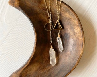 Dainty lariat gold plated raw crystal brass necklace , boho necklace