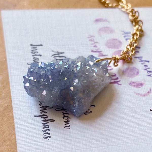 Magical blue druzy angel aura quartz crystal necklace