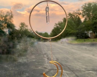 Crystal and moon sun catcher, crystal point crescent moon boho decor