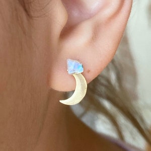 Rainbow moonstone and labradorite crescent moon, lightening, and stars earrings, nickel free
