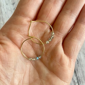 Dainty labradorite crystal hoop earrings, nickel free