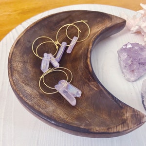 Crystal lavender aura quartz gold colored hoop earrings , nickel free