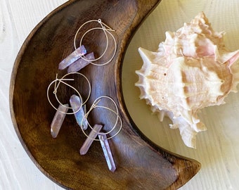 Crystal lavender aura quartz silver hoop earrings nickle free