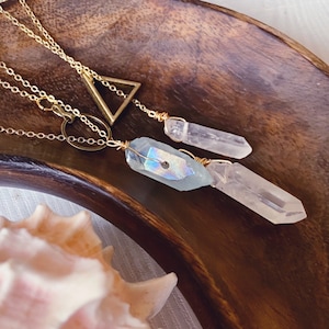 Dainty raw aura quartz crystal lariat necklace , 14 karat gold plated , boho necklace