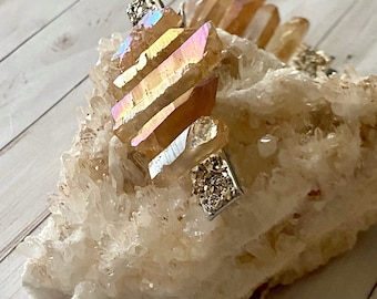 Tangerine aura quartz raw crystal hair clips with pyrite, boho bride hair jewelry