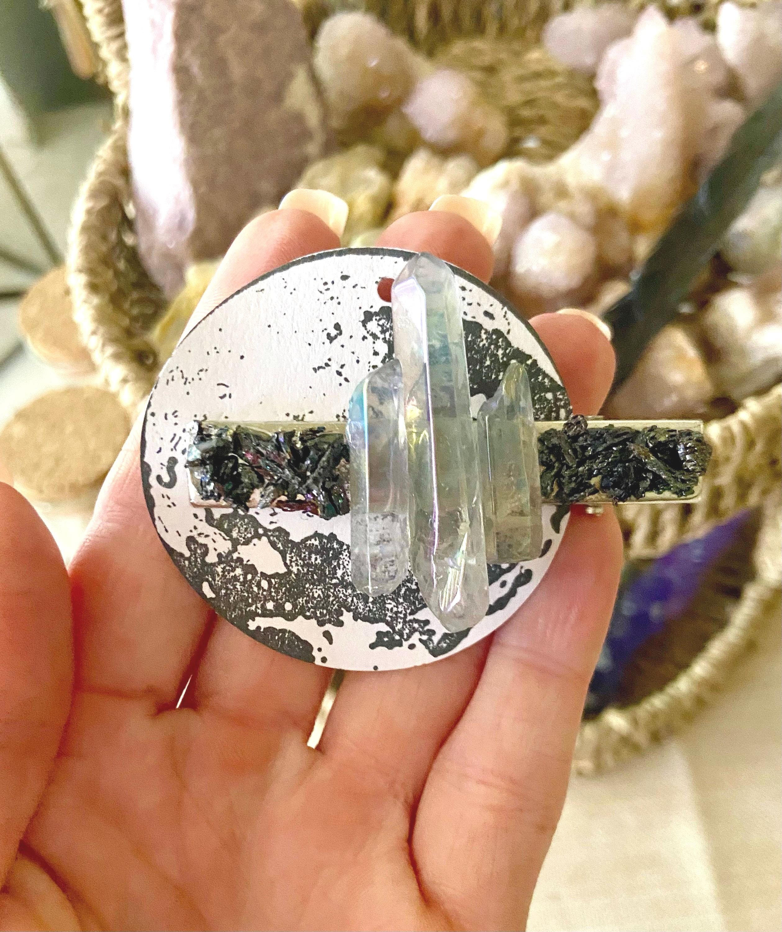 Clear Quartz w/ Rainbow Aura Wire Wrapped Hairpin Set Handmade Craft Bohemian Rainbow Aura Quartz Crystal Hair Clips: Tourmaline & Pyrite  main image 3
