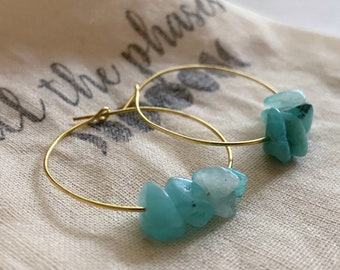 Aquamarine blue crystal chip hoop earrings , hypoallergenic , boho style earrings , March birthstone