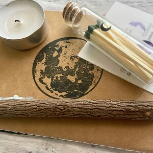 Mini moon phase journal set, crystal hand carved wooden pencil