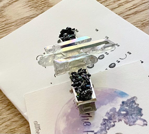 Rainbow Aura Quartz Crystal Hair Clips: Tourmaline & Pyrite  display picture 1