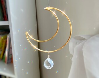 Crescent moon crystal sun catcher hanging, boho decor