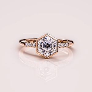 1.00 CTW Hexagon Moissanite Engagement Ring, 10K/14K/18K Gold, Minimalist Solitaire Ring, Unique Bezel Setting, Wedding Hexagon Gift For Her