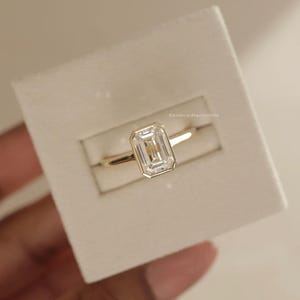 Handmade Emerald Cut Moissanite Engagement Ring: 925 Silver Bezel Solitaire