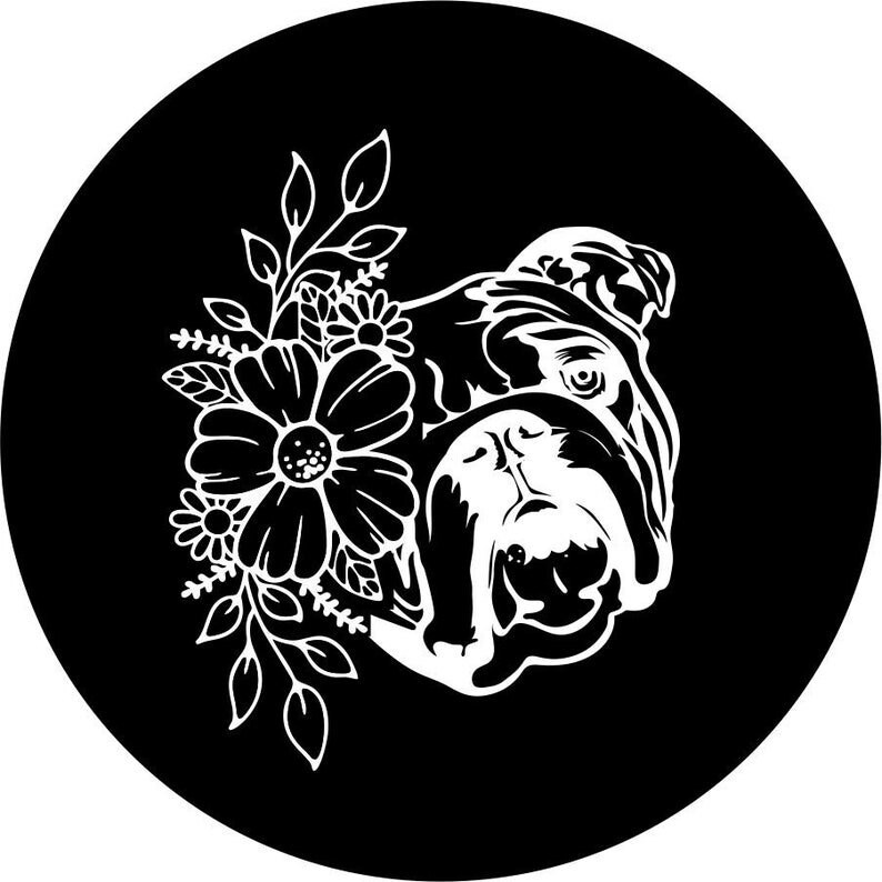 English Bulldog With Flowers Black Spare Tire Cover for Gladiator, Wrangler, Jt, Jl, Jlu, Jk, Jku, Tj, Lj, Cj, Yj, Rv, shops etc.