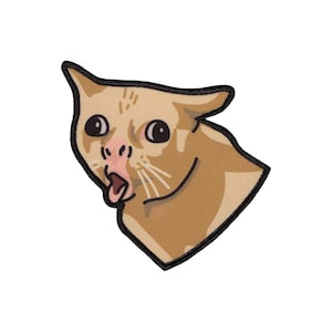 Op de afbeelding: Een cartoonkat met een verraste uitdrukking, met grote ogen en een open mond. De kat heeft lichtbruine vacht en een roze neus.