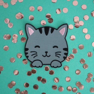 Könnte beinhalten: Eine graue und schwarze Katze mit rosa Ohren und einem lächelnden Gesicht. Die Katze befindet sich auf einem türkisfarbenen Hintergrund mit goldenem Konfetti.