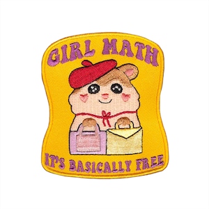 Könnte beinhalten: Gelber, bestickter Aufnäher mit einem Cartoon-Hamster, der einen roten Barett trägt und zwei Taschen hält. Der Aufnäher hat lila Schriftzüge: "GIRL MATH" und "IT'S BASICALLY FREE".