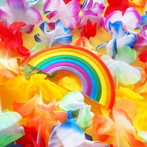 Op de afbeelding: Een kleurrijke regenboogpatch met een veelkleurig ontwerp. De patch is gemaakt van stof en heeft een regenboogontwerp met de kleuren rood, oranje, geel, groen, blauw, indigo en violet. De patch is omringd door een verscheidenheid aan kleurrijke bloemen.