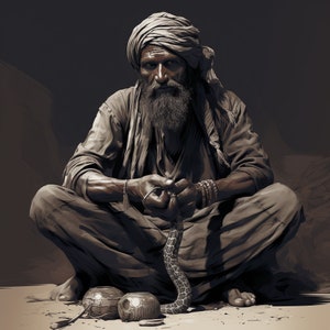 May include: A man wearing a turban and traditional clothing sits with his legs crossed, holding a snake in his hands. He is surrounded by two small, round, brown objects.