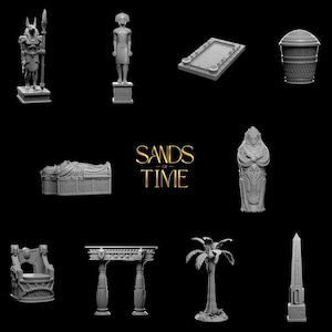 May include: A set of 3D printed miniature figurines inspired by the video game "Sands of Time". The set includes a pharaoh, a sarcophagus, a palm tree, a throne, a pillar, a chest, and a statue of a woman.