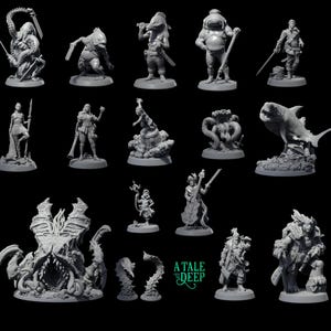 May include: A collection of gray miniature figurines depicting various fantasy creatures and characters. The figurines include a shark, a frog-like humanoid, a figure with tentacles, and other detailed designs. The text "A Tale to the Deep" is visible.