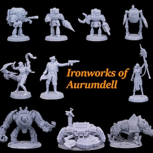 May include: A collection of gray miniature figurines, including robots, a soldier, and fantasy characters. The text "Ironworks of Aurumdell" is displayed in orange. The figurines are detailed and appear to be made of plastic or resin.