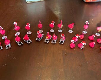 Christmas Flamingos! About 2 Inches tall! Come in Pink Resin or Painted! 13 in total! Great for Christmas Village!