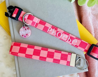 Pink Checker Embroidered Dog Collar: Personalized Puppy Collar