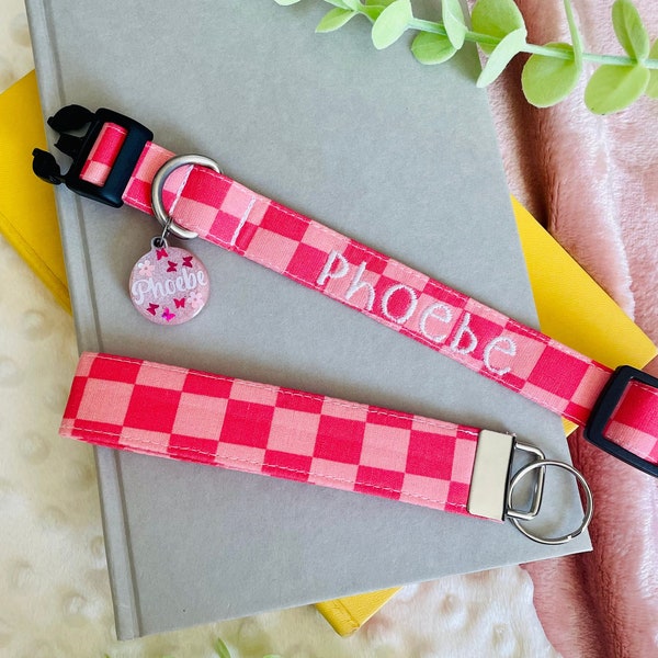Pink Checker Embroidered Collar, Checked, Hot Pink, Personalized Collar, Name Collar, Girl Dog Collar, Girl Puppy Collar, Custom Collar