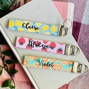 Embroidered Wrist Lanyard, Cute Key Chain, Strawberry, Orange, Lemon, Car Key Accessories, Key Fob, Personalized Gift, Women, Mom, Wristlet