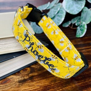 Yellow Bee Embroidered Collar, Personalized Collar, Name Collar, Dog Collar, Puppy Collar, Custom Collar
