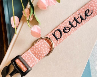 Pink Polka Dot Embroidered Dog Collar - Personalized Puppy Collar